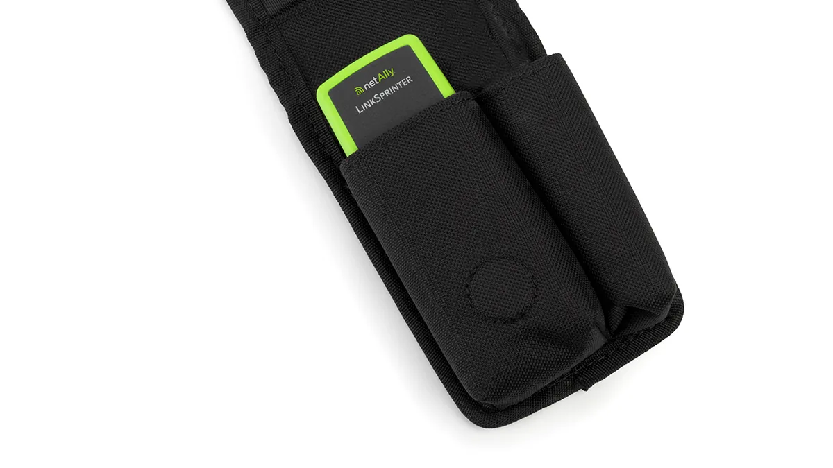 NetAlly LinkSprinter 300 network tester in green, seated in its open black belt holster on a white background
